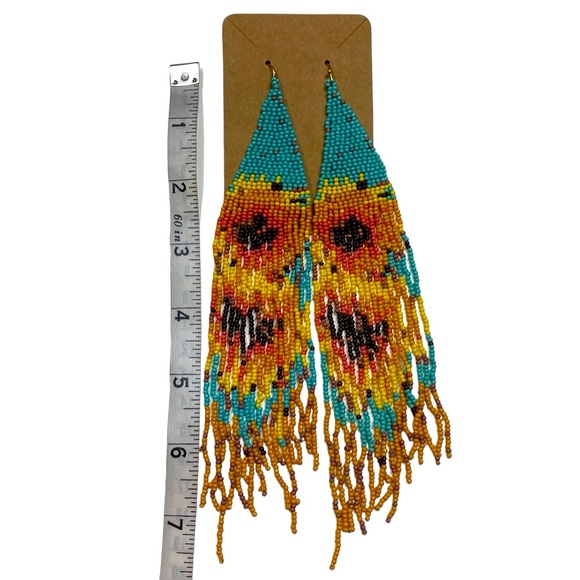 NWOT Blue/Orange Sunflower Boho Beaded Earrings - Picture 7 of 8